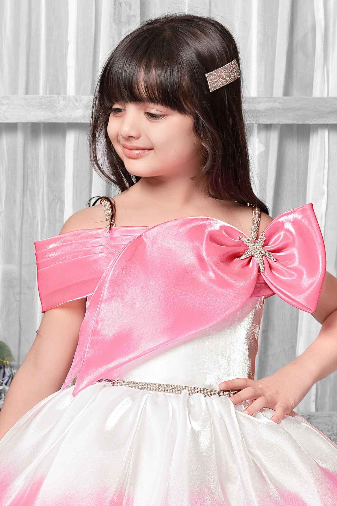 Pink And White Off-Shoulder  Party Frock For Girls