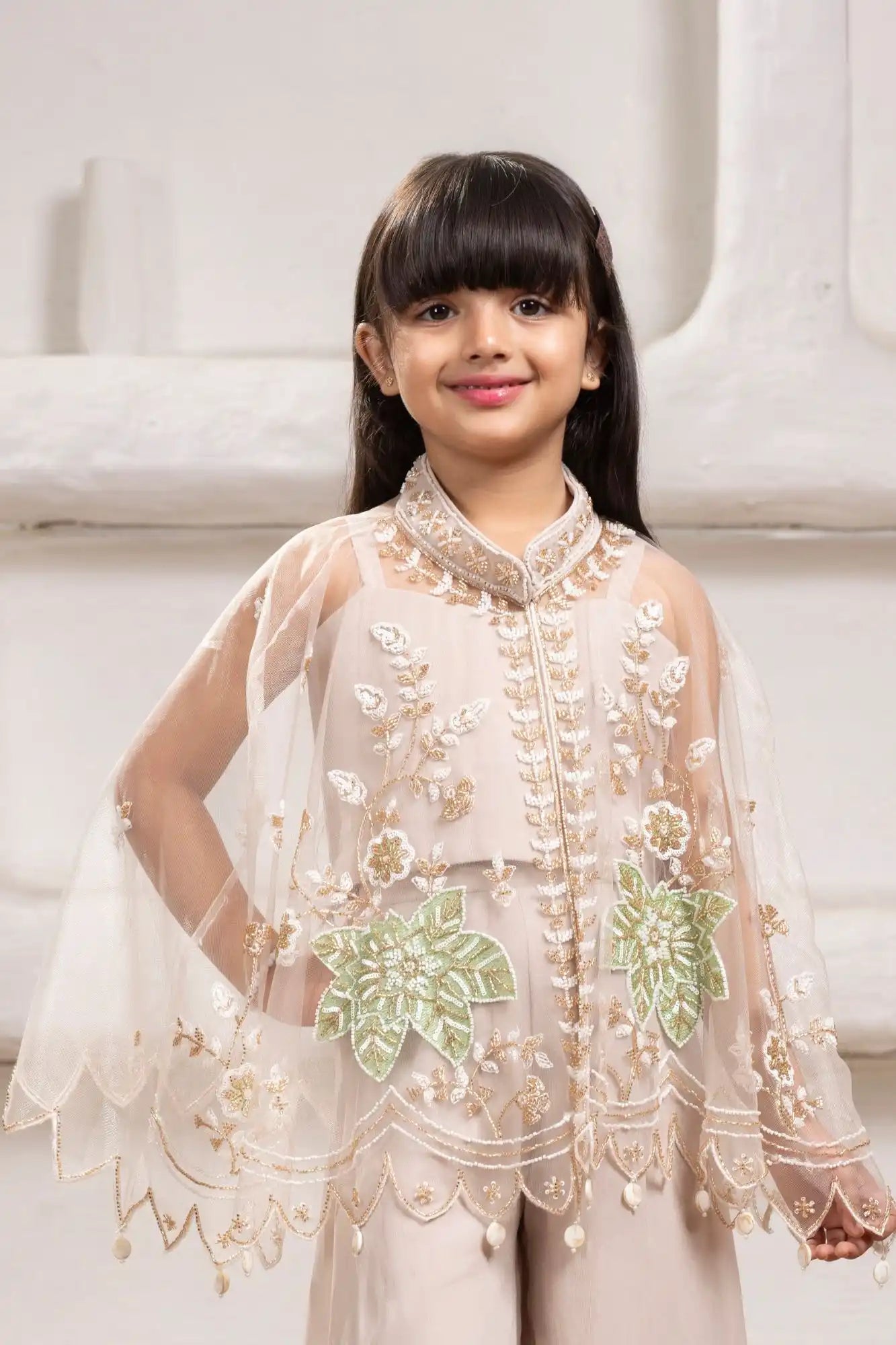 Beige Cape Style Palazzo Set With Sequin Floral Embroidery For Girls