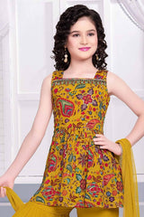 Mustard Printed And Embroidered Sharara Set For Girls