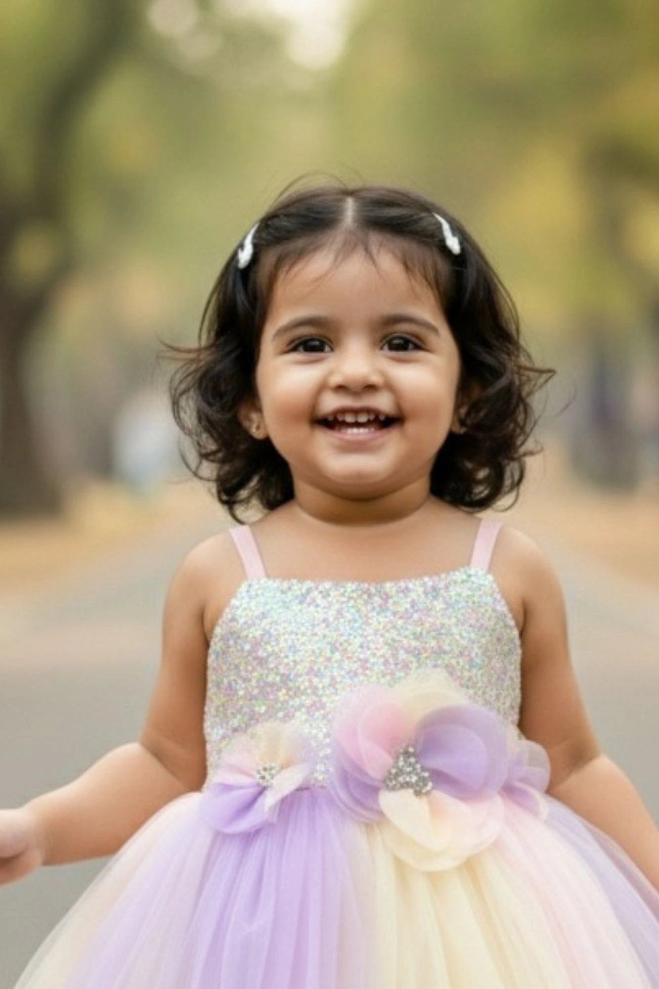 Pastel Rainbow Tulle Party Wear Frock with 3D Floral Accents For Girls