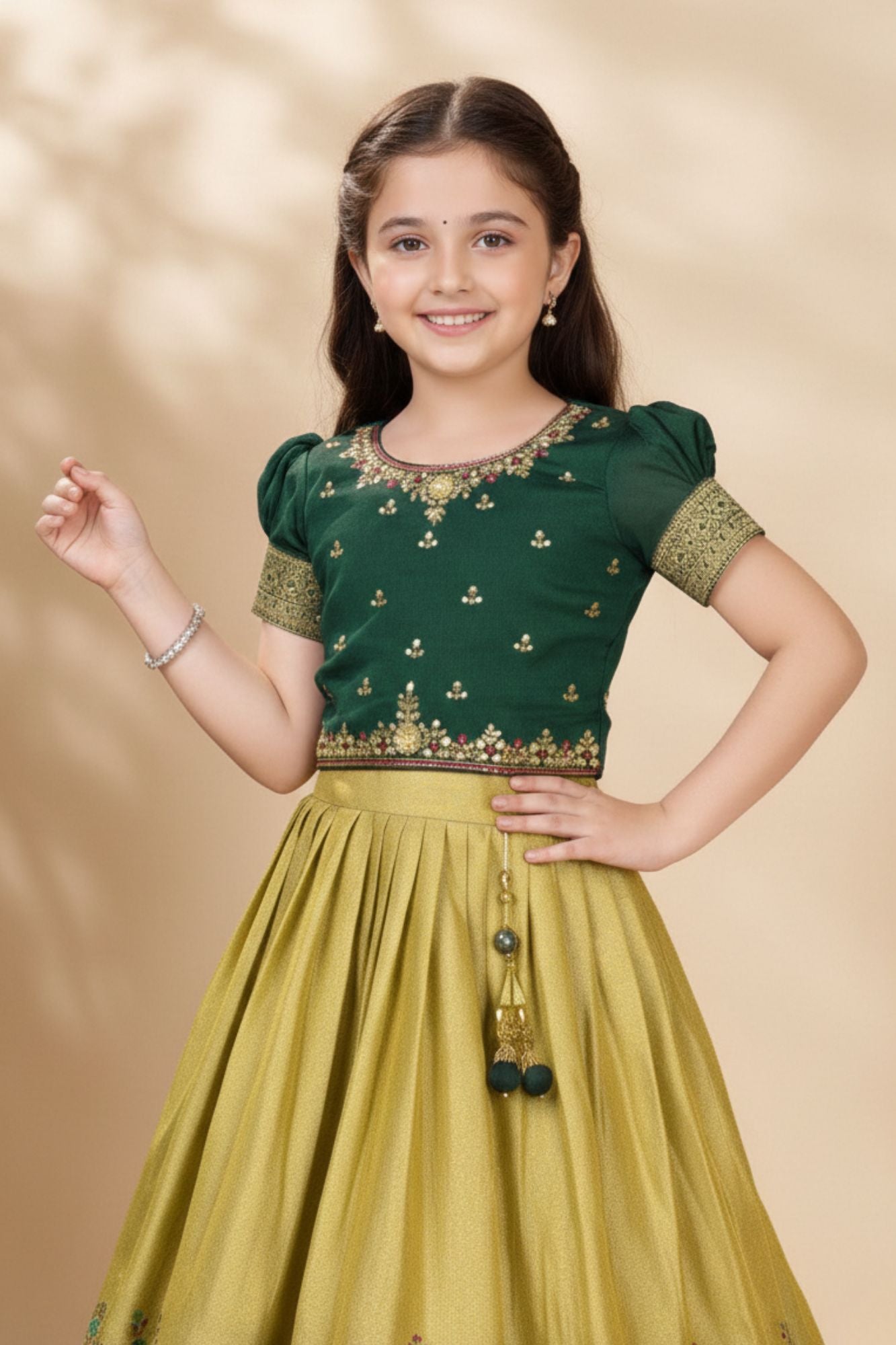 Bottle Green Silk  Pattu Pavadai with Puff Sleeves For Girls