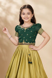 Bottle Green Silk  Pattu Pavadai with Puff Sleeves For Girls