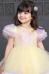 Yellow And Lavender Party Wear Frock With Sequin Work For Girls