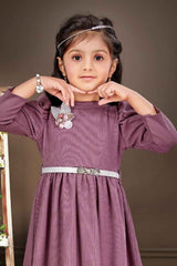 Purple Casual Frock With Waist Belt For Girls