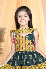 Green Sleeveless Printed Sharara Set For Girls