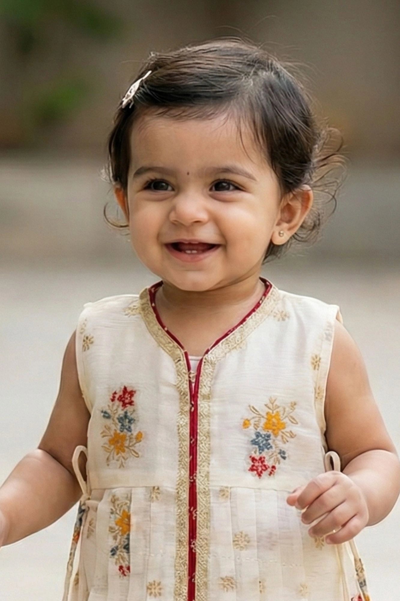 Cream Floral Embroidered Casual Dress with Tassel Detailing For Girls