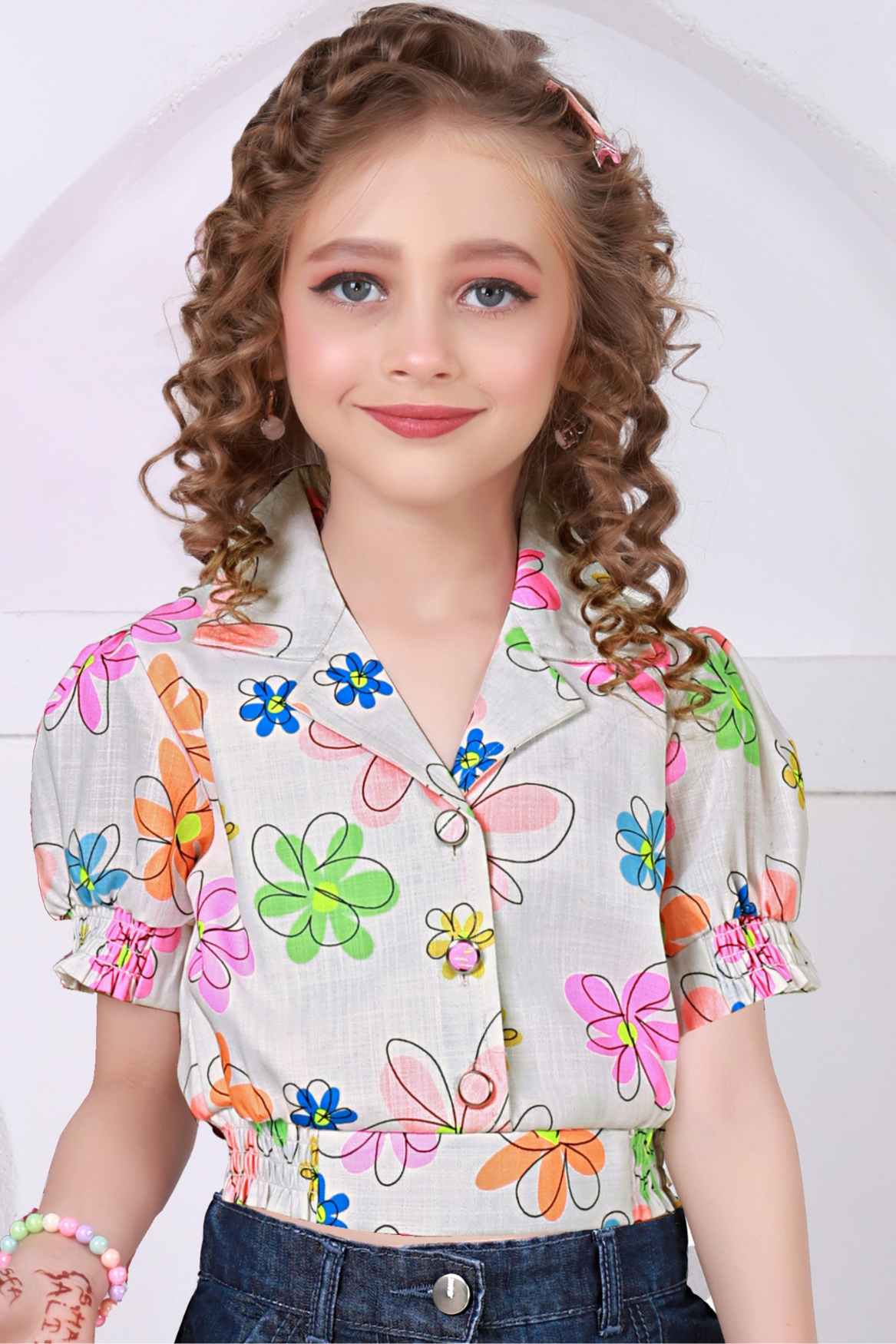 Multicolor Floral Printed Shirt With Dark Blue Embroidered Wide Leg Denim Pants Set For Girls
