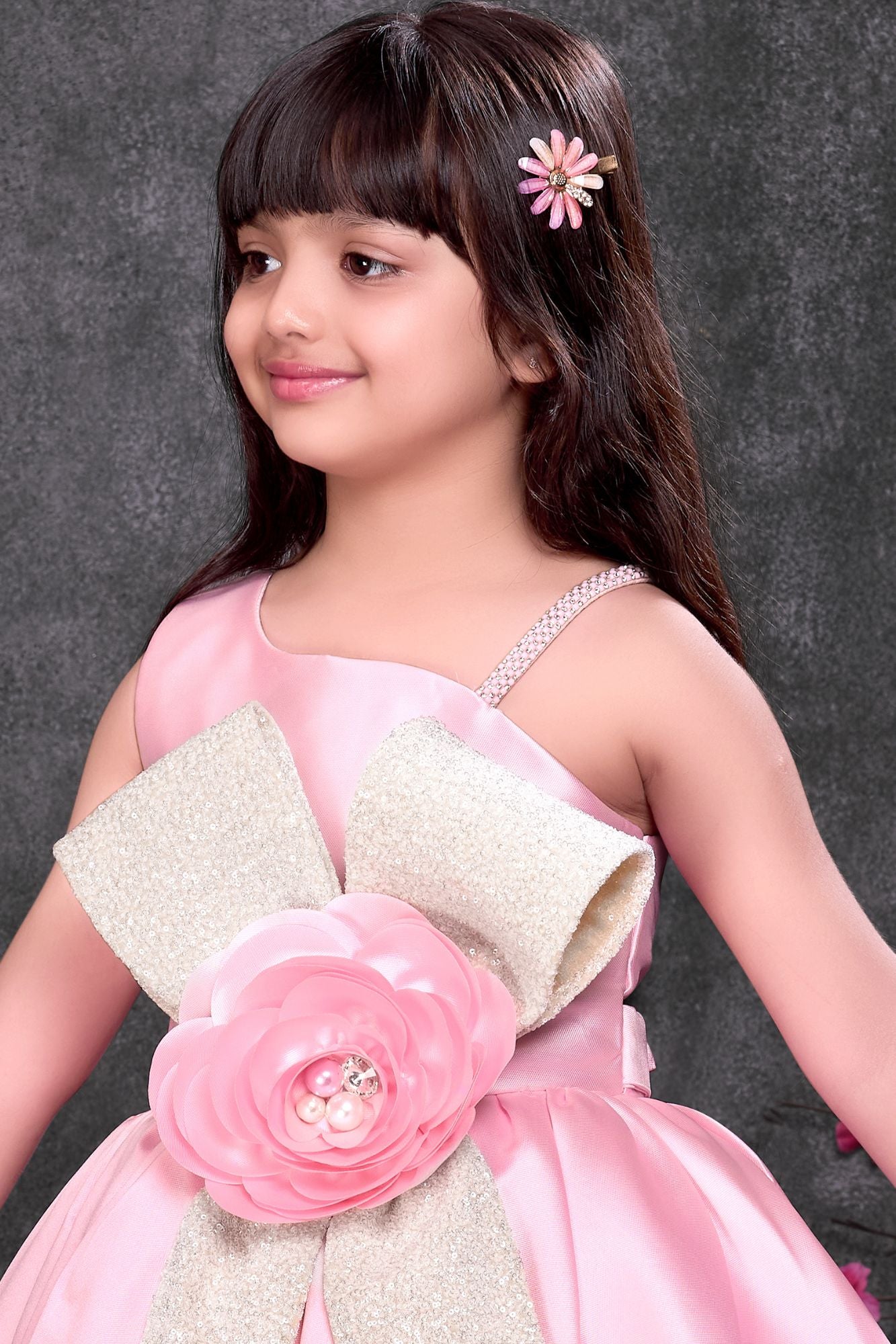 Blush Pink High-Low Party Frock Wiith 3D Floral Waist Detail For Girls