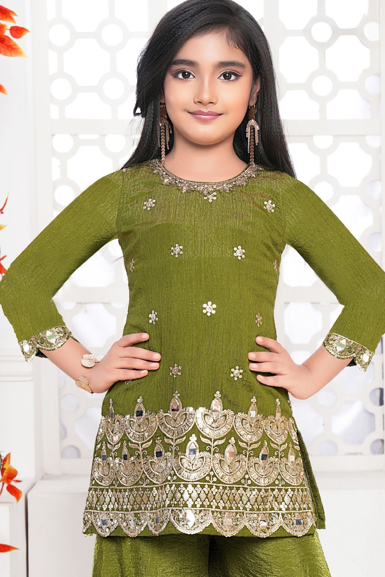 Olive Green Embroidered Palazzo Set For Girls