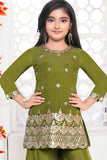 Olive Green Embroidered Palazzo Set For Girls