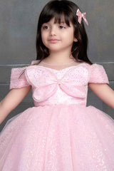 Pink Sequin Net Party Wear Frock Embellished With Butterfly For Girls