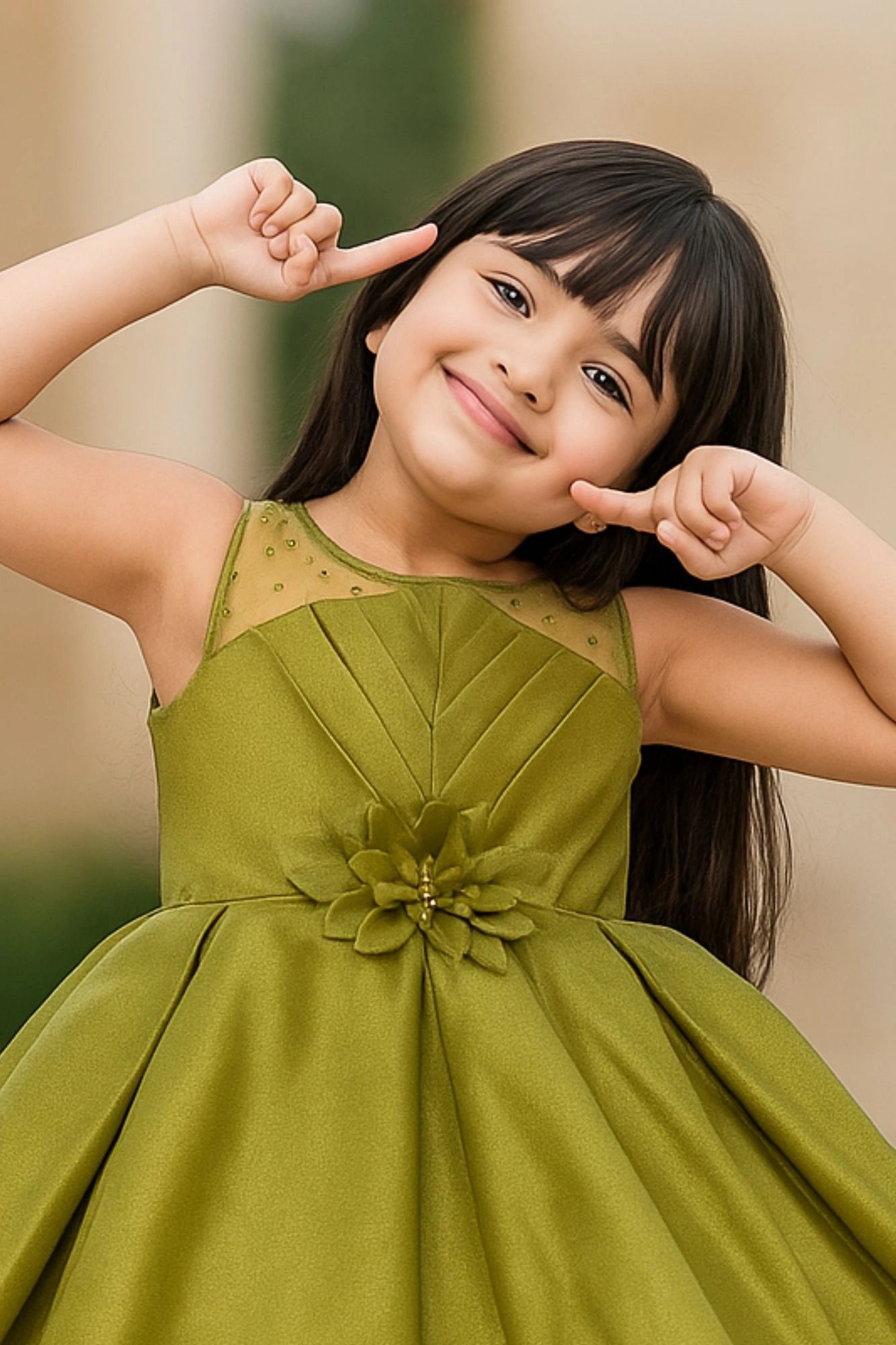Olive Green Satin Party Wear Frock with Floral Waist Appliqué For Girls