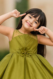 Olive Green Satin Party Wear Frock with Floral Waist Appliqué For Girls