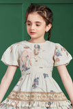 Beige Floral Cotton Blend Dress For Girls