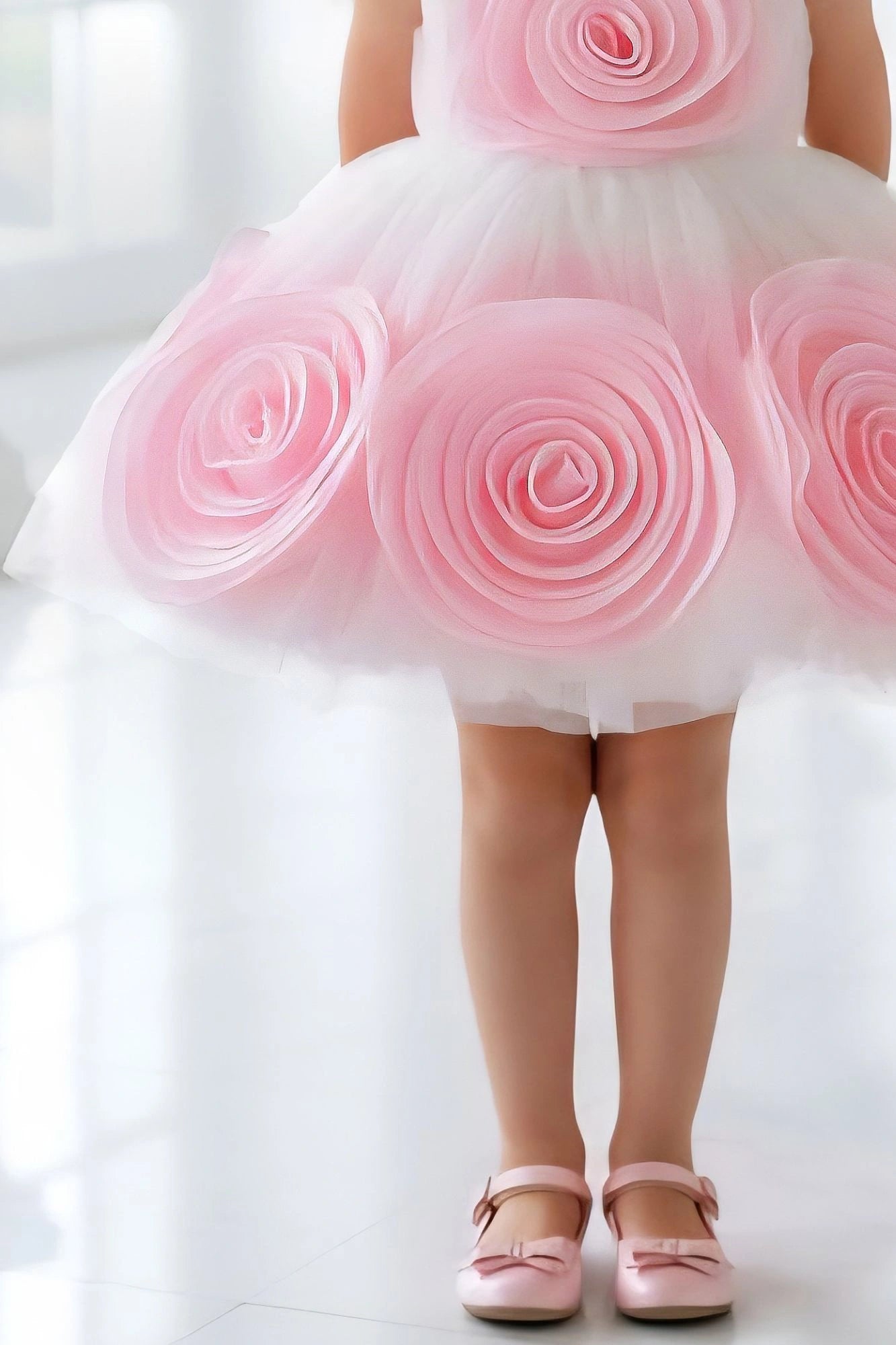 White & Pink 3D Rosette Embellished Party Wear Frock For Girls