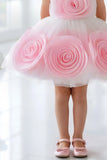 White & Pink 3D Rosette Embellished Party Wear Frock For Girls