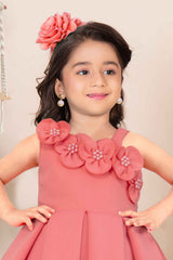 Peach Sleeveless With Floral Embellishment And Pearl Gown For Girls