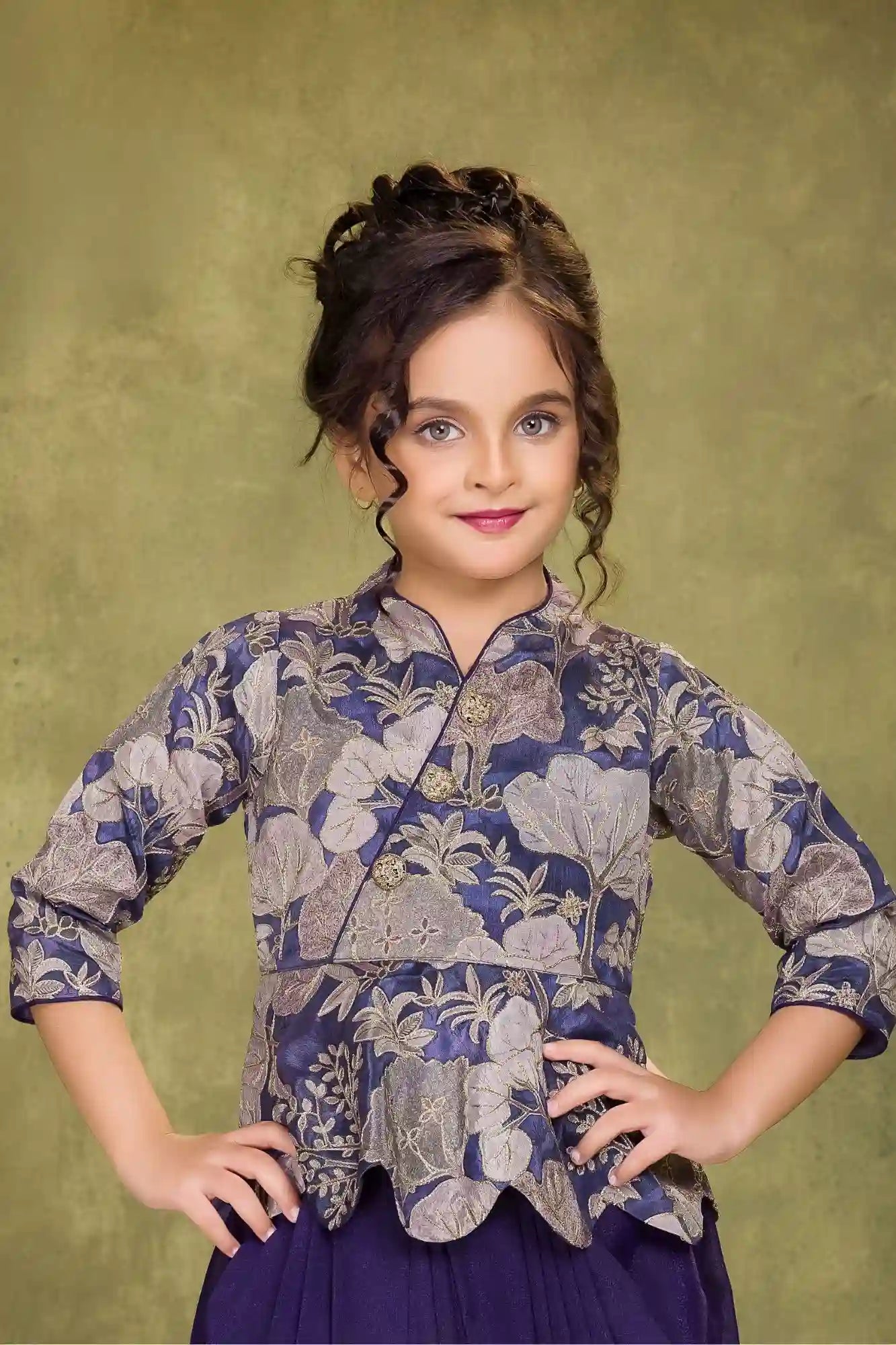 Purple Draped Indo-Western Dhoti Set with Floral Peplum Top For Girls