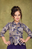 Purple Draped Indo-Western Dhoti Set with Floral Peplum Top For Girls