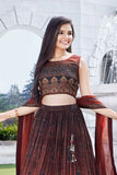 Brown Printed Crop Top with Pleated Lehenga and Dupatta For Girls