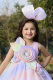Multicolor Rainbow Princess Gown With Floral Embellishment For Girls
