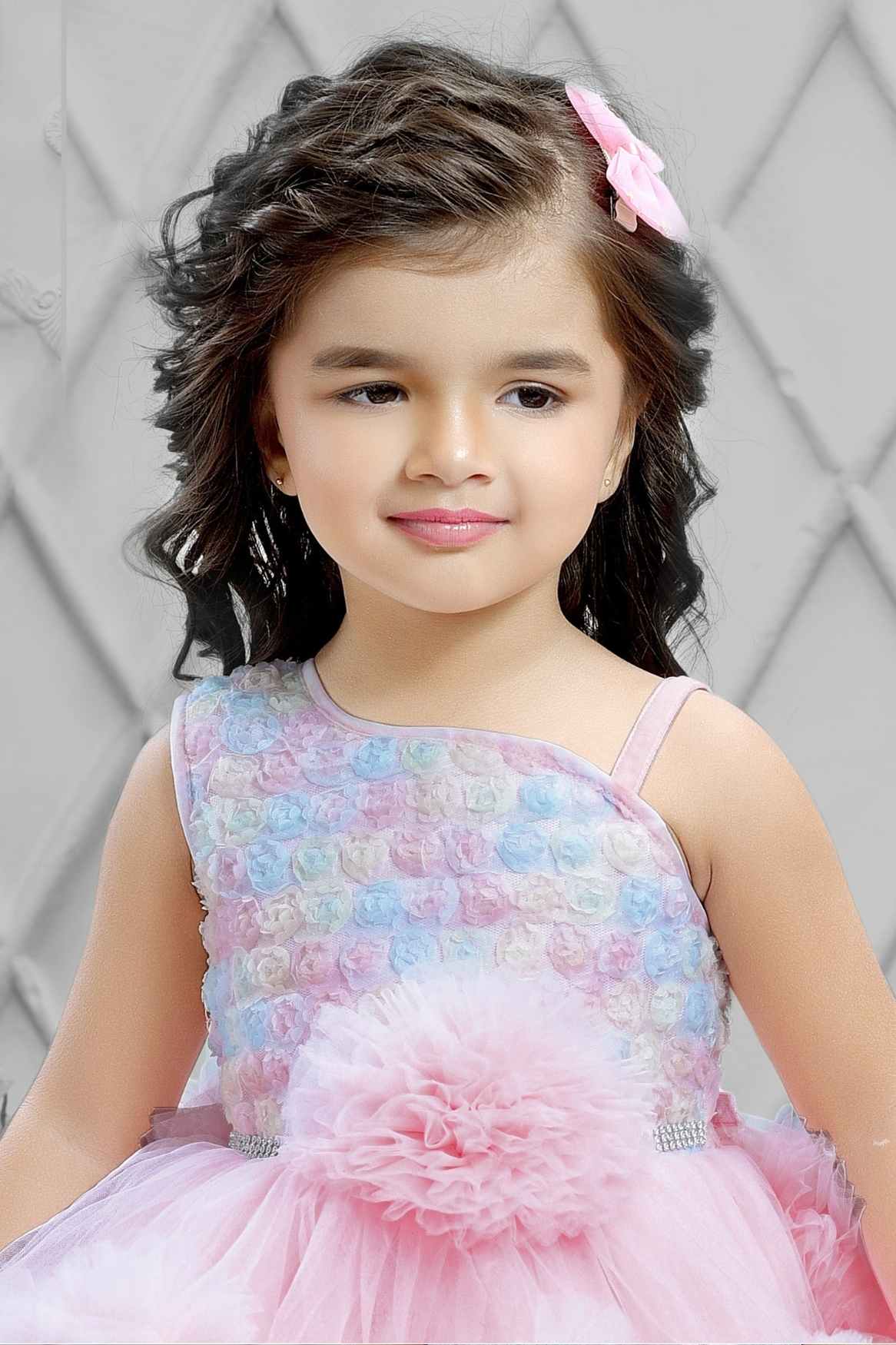 Pastel Pink Tailback Frock With Floral Embellishment For Girls