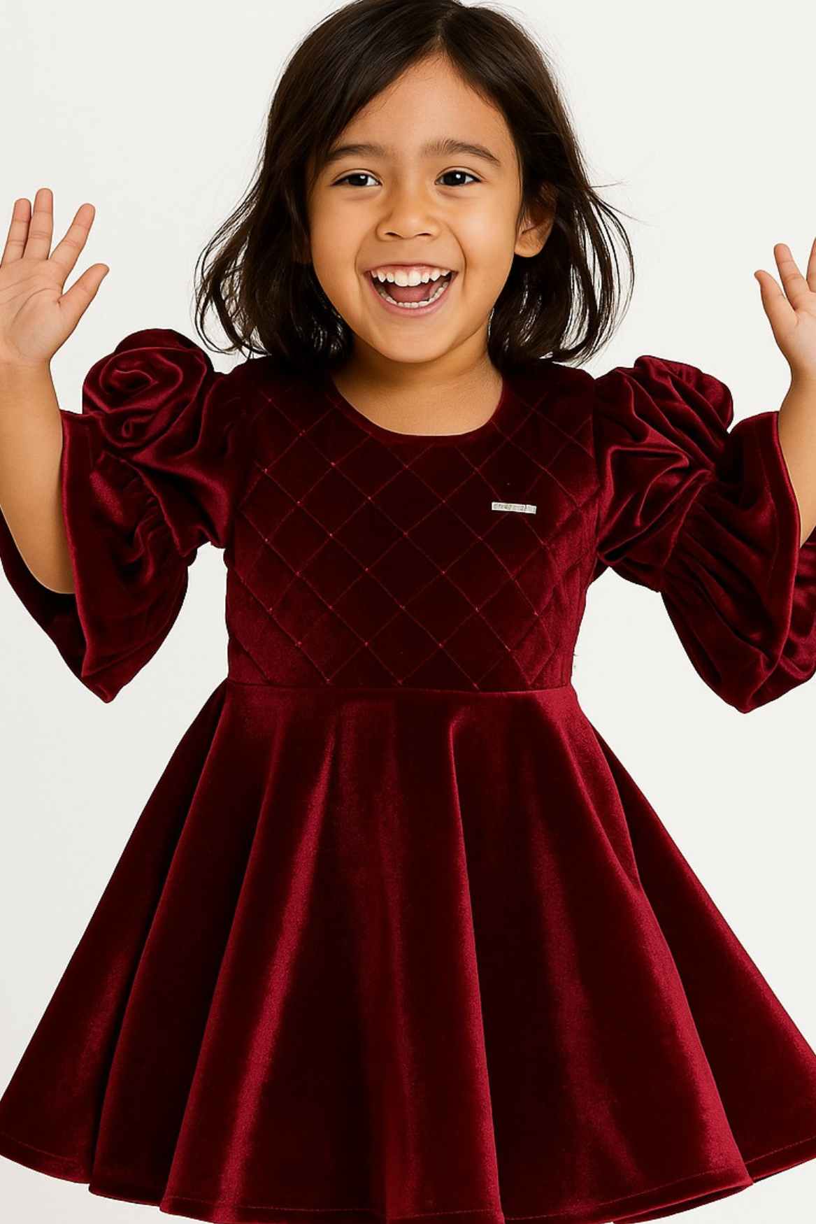 Maroon Velvet Party Wear Frock With Puff Sleeves For Girls