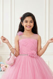 Baby Pink Layered Net Party Gown with Floral Ruffle Hem For Girls