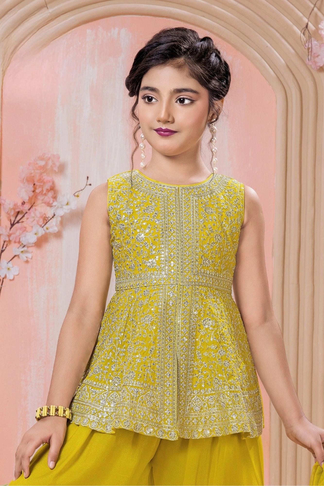 Yellow Sequins And Zari Embroidered Peplum Kurti With Palazzo Set for Girls