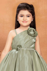 Olive Green Satin Frock With Floral Embellishment For Girls