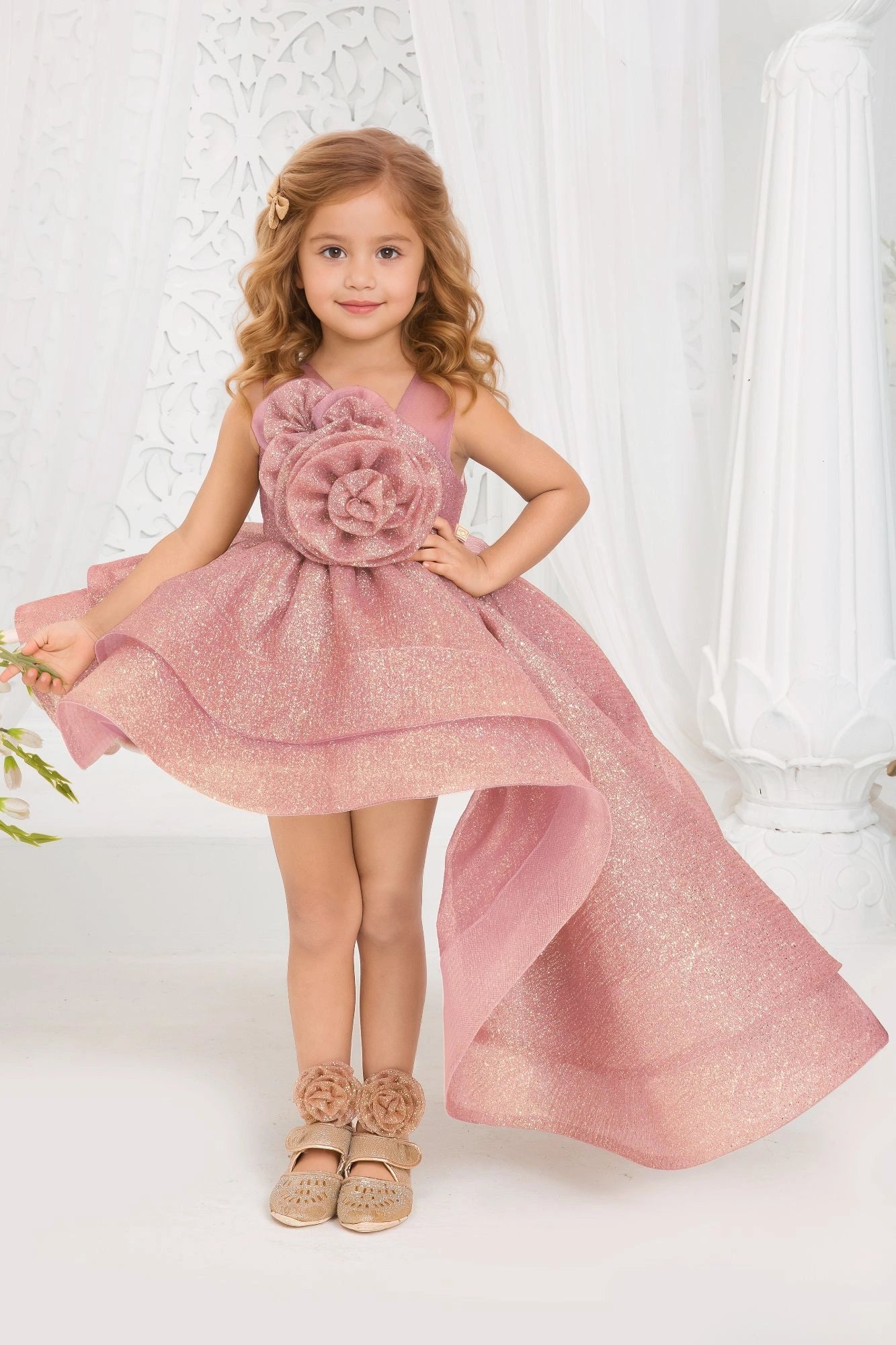 Shimmer Rose Gold High-Low Party Frock with Oversized Rosette For Girls