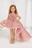 Shimmer Rose Gold High-Low Party Frock with Oversized Rosette For Girls