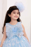 Sky Blue Floral And Butterfly Embellished With Sequins Work Party Wear Gown For Girls