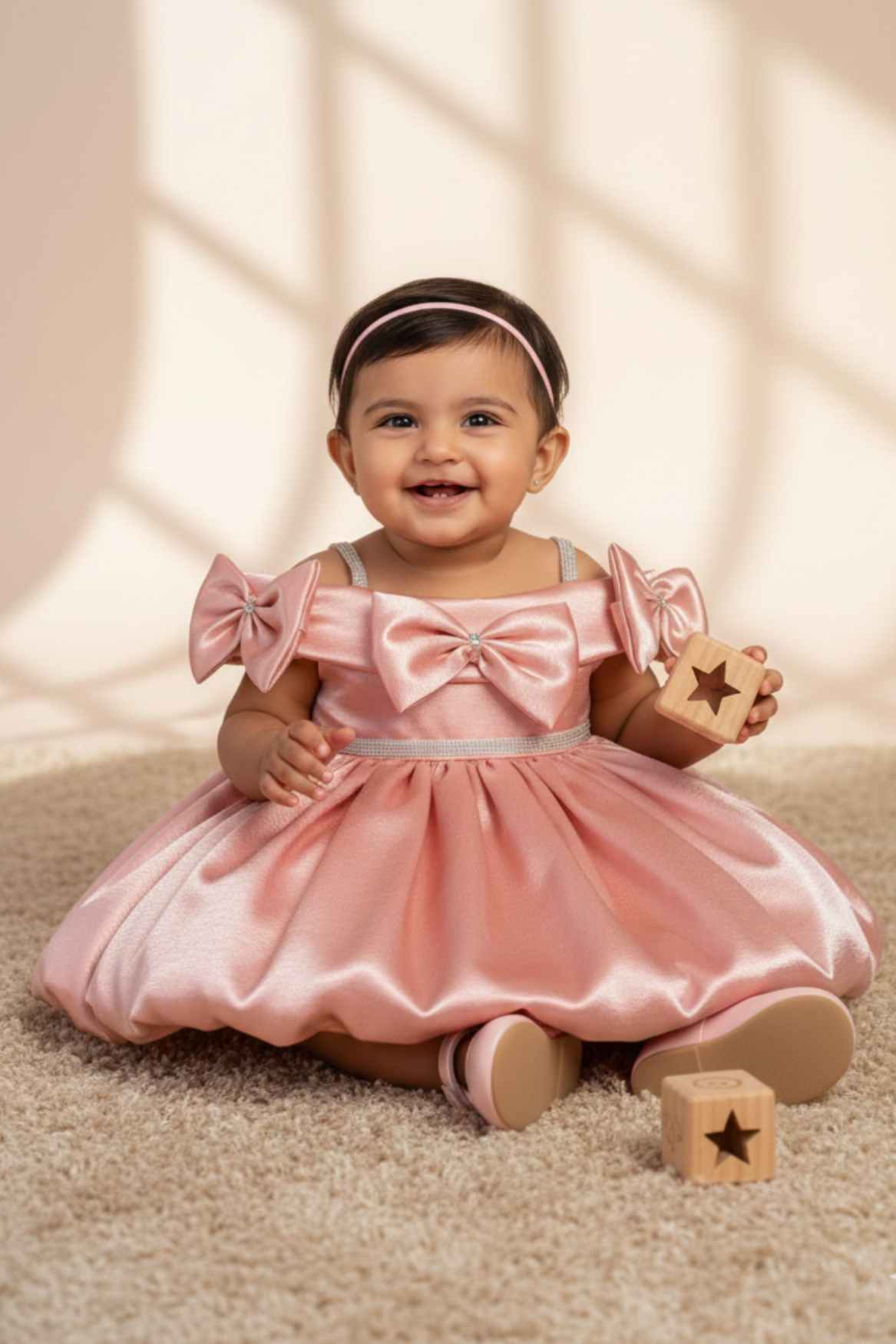 Copper Party Wear Frock with Shoulder Bows and Crystal Belt For Girls
