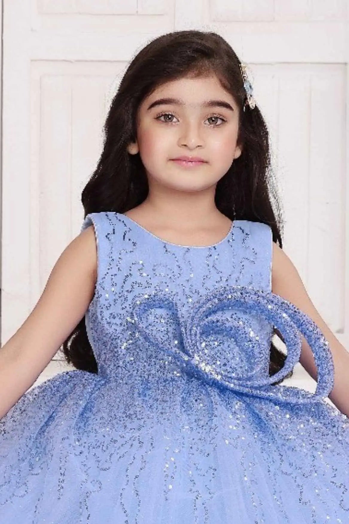 Blue Bow Embellishments Party Wear Frock For Girls