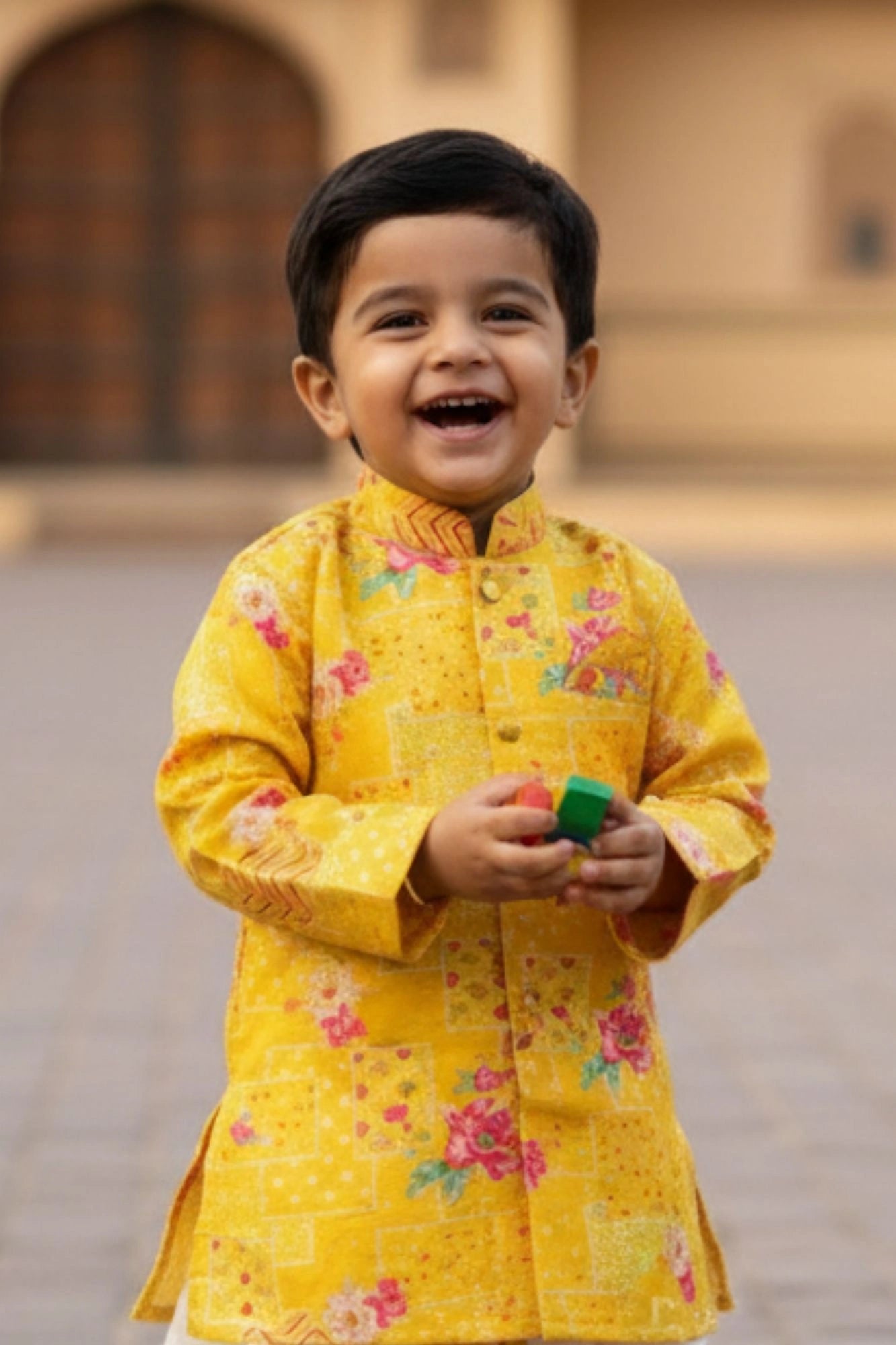 Yellow Floral Printed Kurta Dhoti Set for Boys