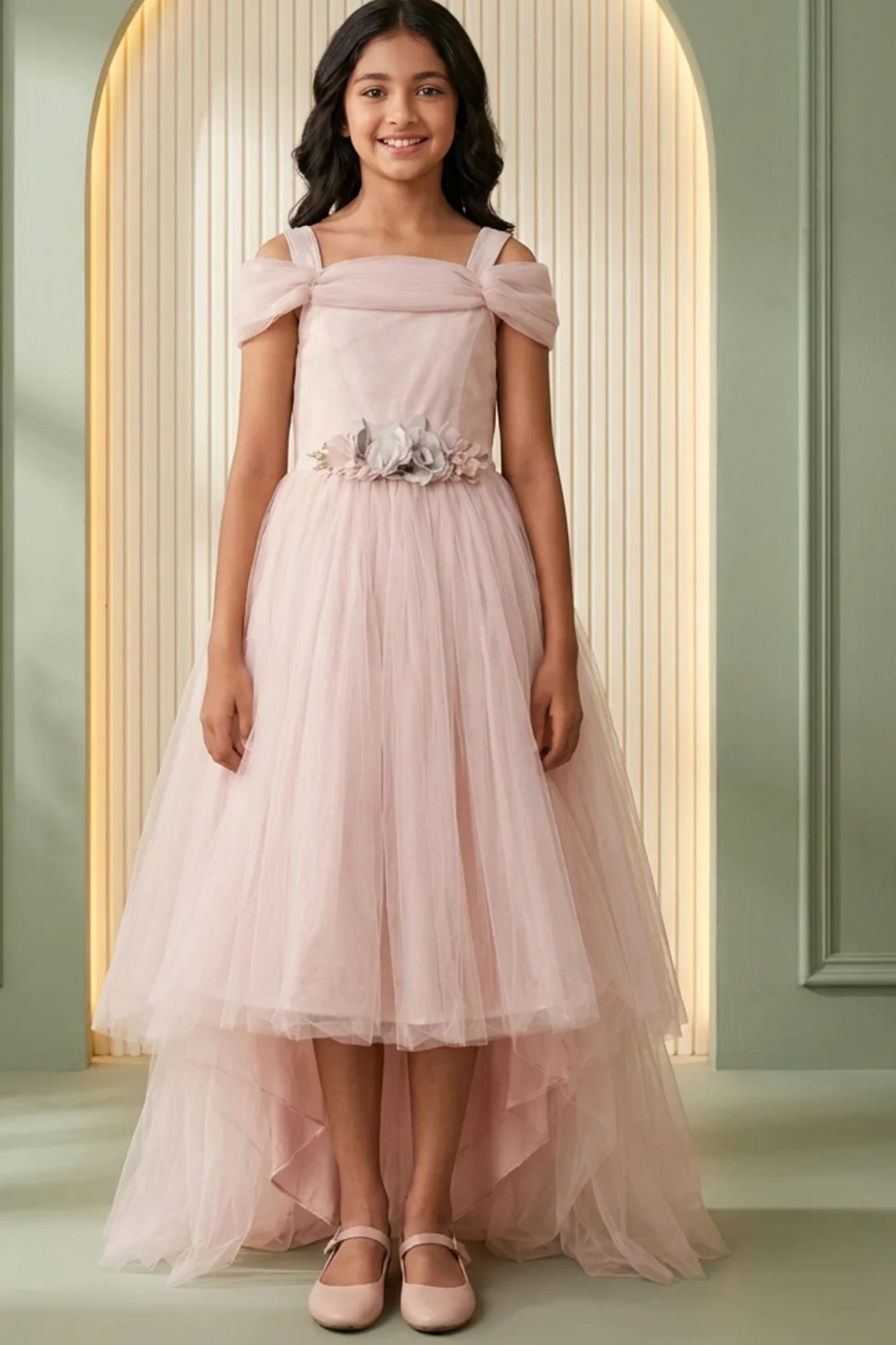 Girls Blush Peach Off Shoulder High Low Party Frock
