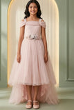 Girls Blush Peach Off Shoulder High Low Party Frock