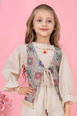 Cream Top And Pant Set With Crochet Overcoat For Girls