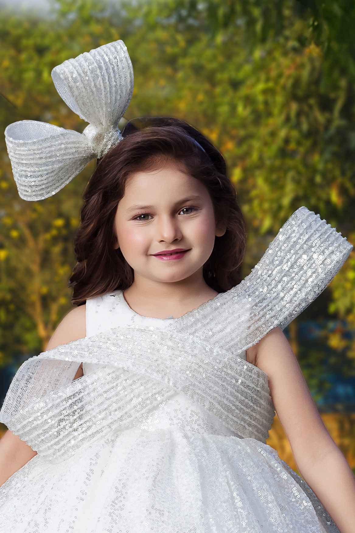 White Sequin Ball Gown With Crossover Bow For Girls