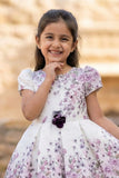 Cream Floral Party Frock with Pink Rose Print & Puff Sleeves For Girls