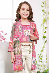 Pink Floral Printed Overcoat And Crop Top With Cream Pant Set For Girls