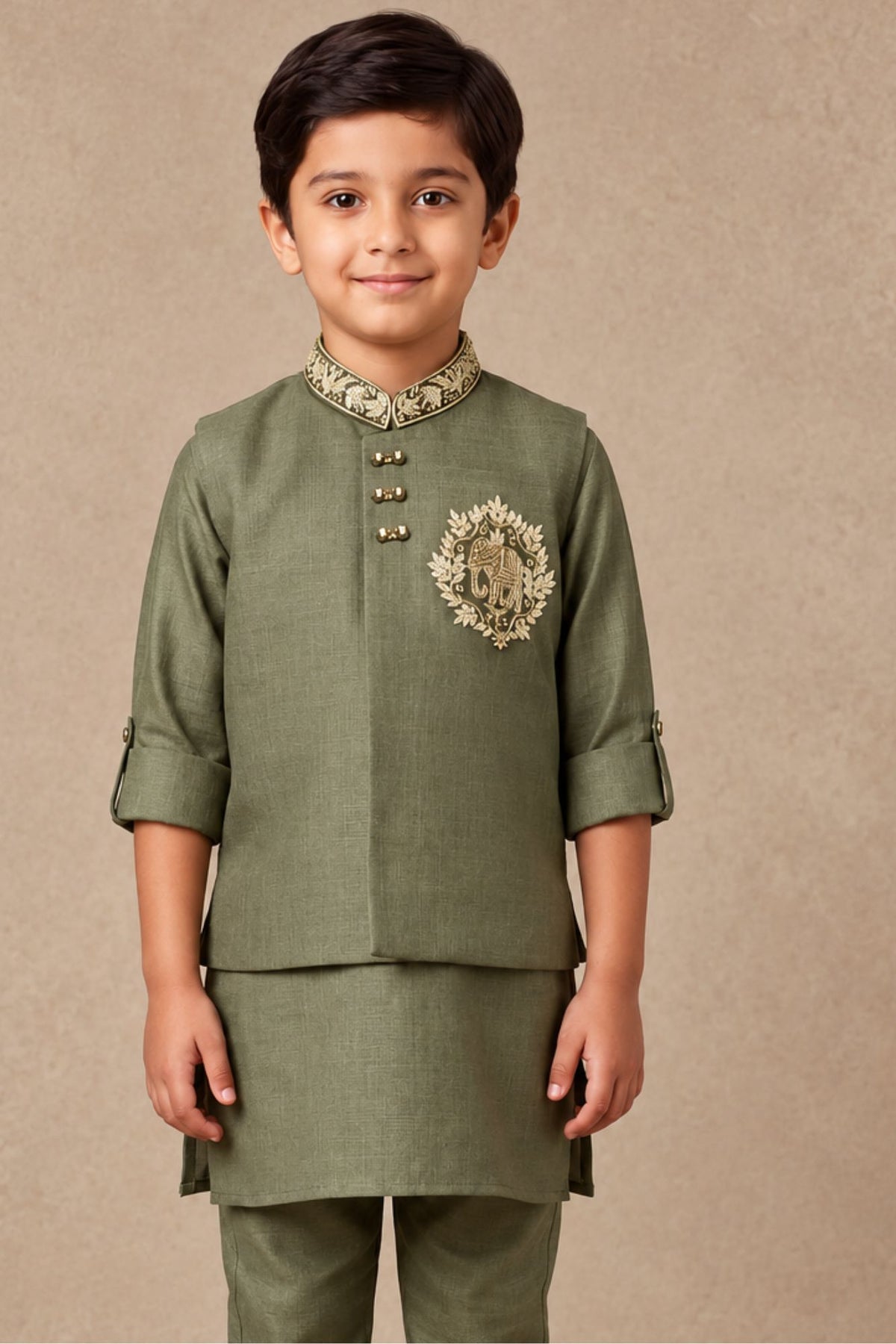 Boys Elegant Mehndi Green Embroidered Kurta Set With Nehru Jacket