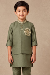 Boys Elegant Mehndi Green Embroidered Kurta Set With Nehru Jacket