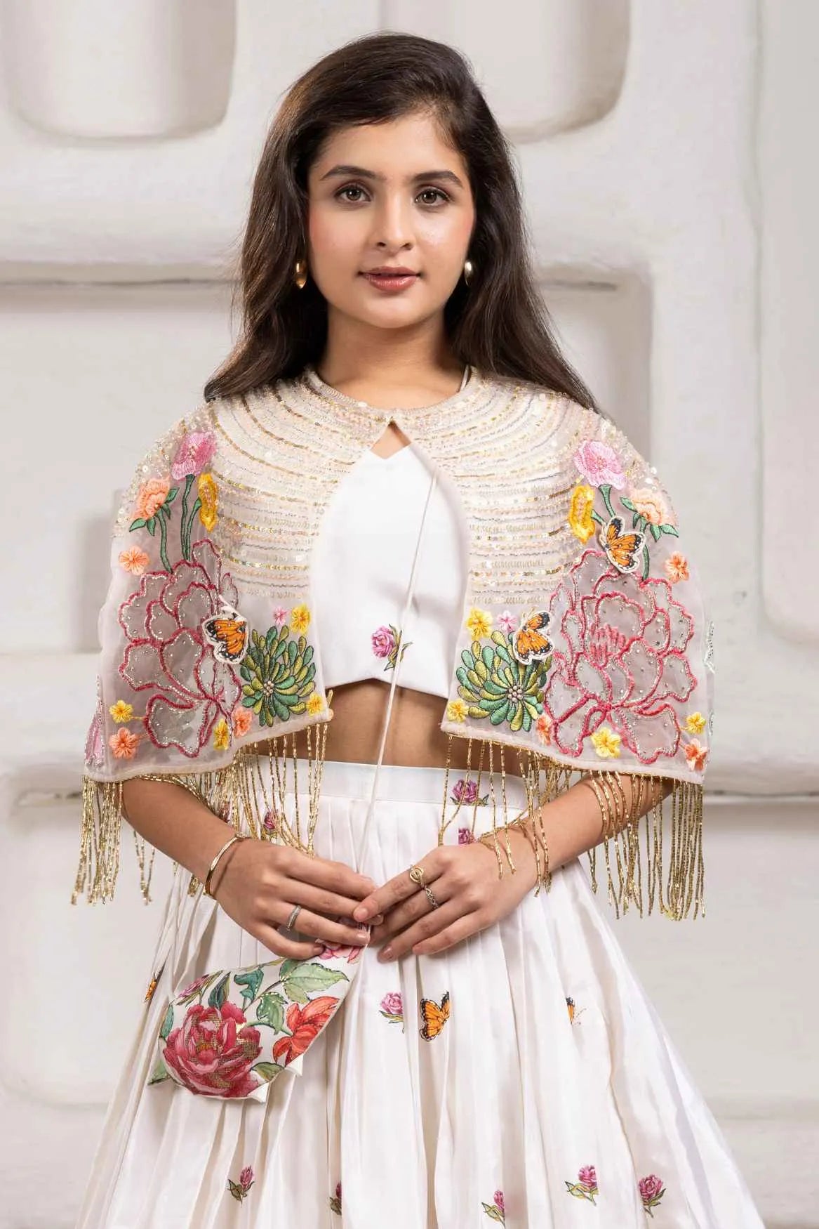 Elegant White Floral Embroidered Lehenga Choli With Embroidered Cape For Girls