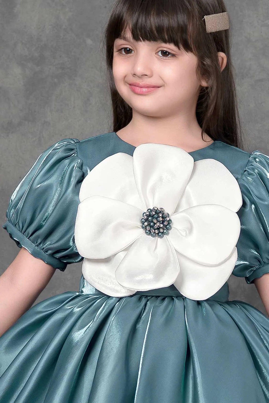 Teal Party Frock with Oversized Floral Appliqué For Girls