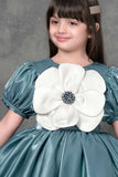 Teal Party Frock with Oversized Floral Appliqué For Girls