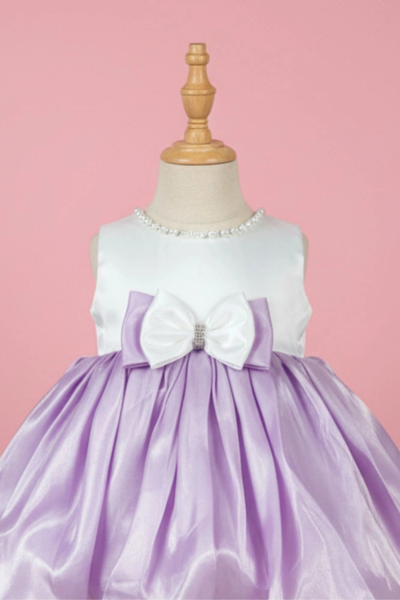 White & Lavender Satin Party Frock with Pearl Neckline and Bow Accent For Girls