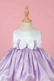 White & Lavender Satin Party Frock with Pearl Neckline and Bow Accent For Girls