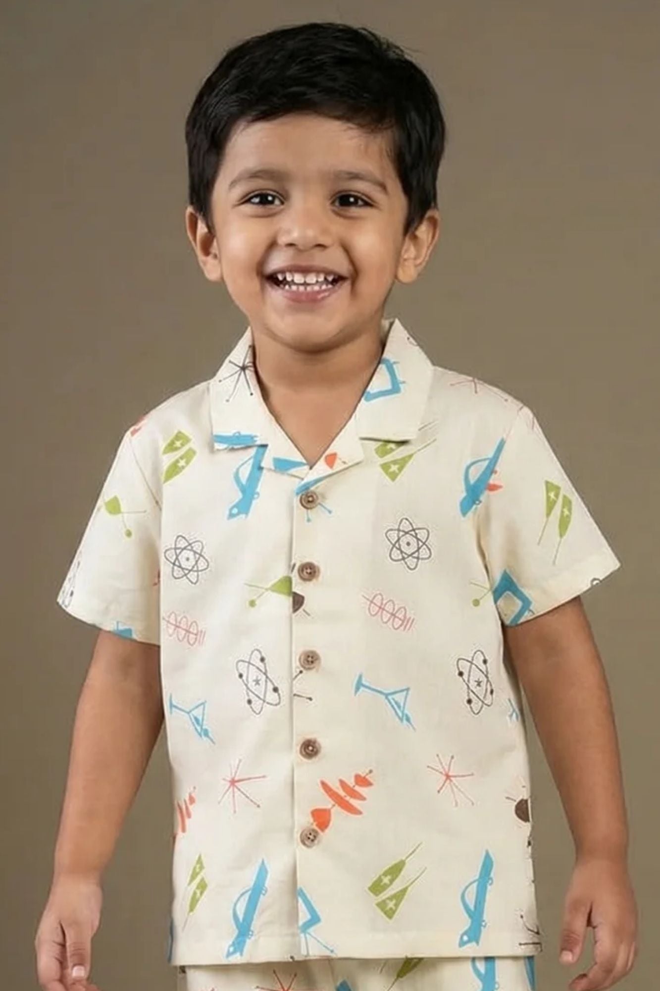 Off White Printed Night Suit Set For Boys
